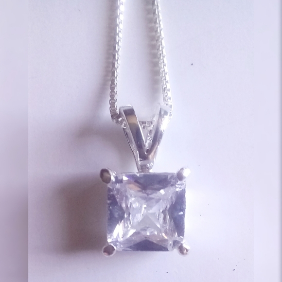 Sterling Silver 925 Italy CZ Square Solitaire Pendant Necklace - Picture 1 of 4